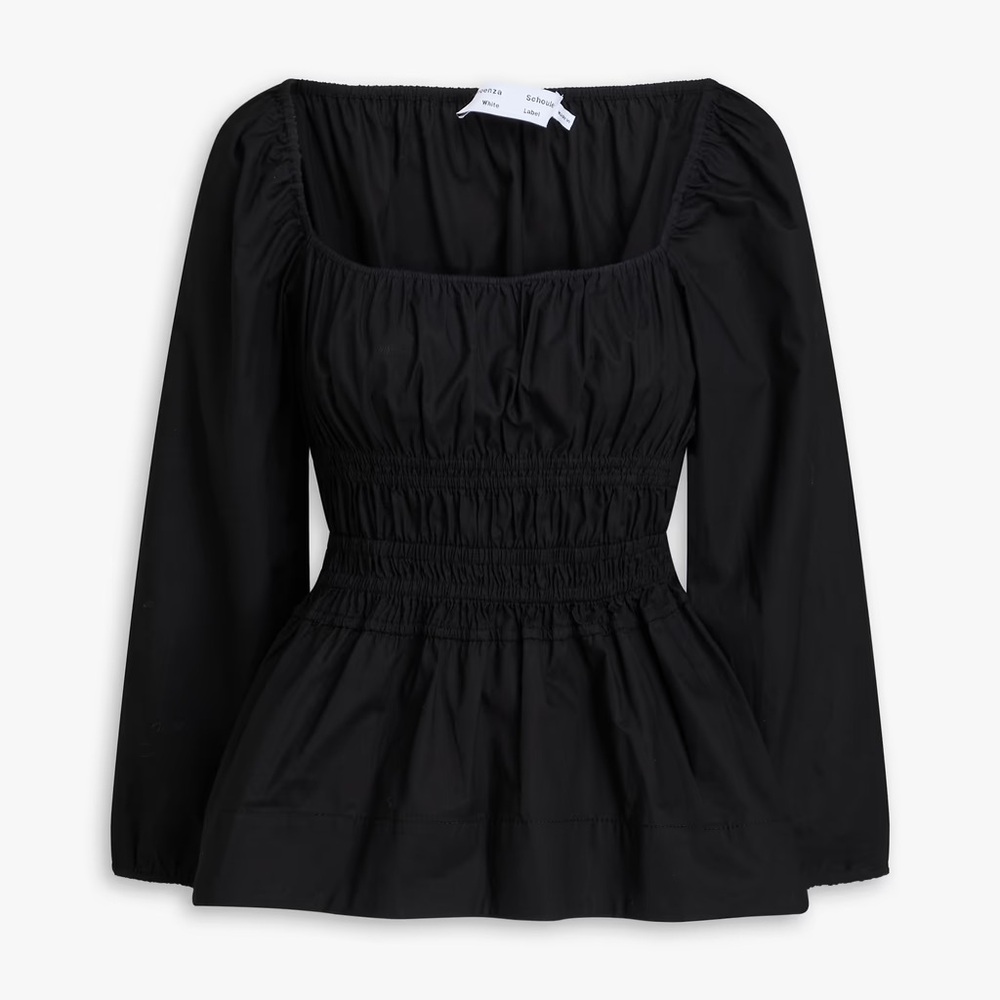 Proenza Schouler Black Smocked Square-Neck Poplin Blouse, Size 4!